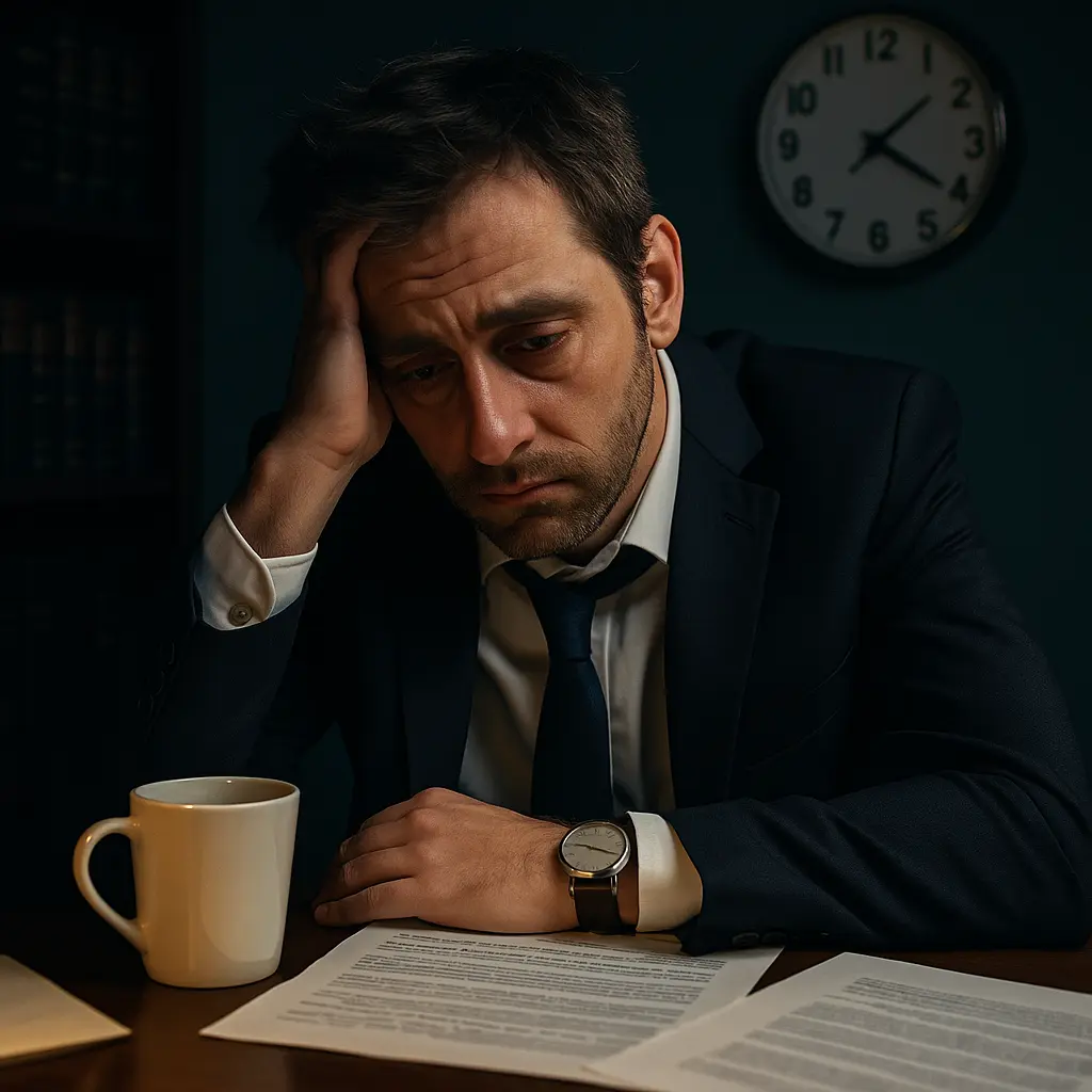 Abogado estresado trabajando hasta tarde